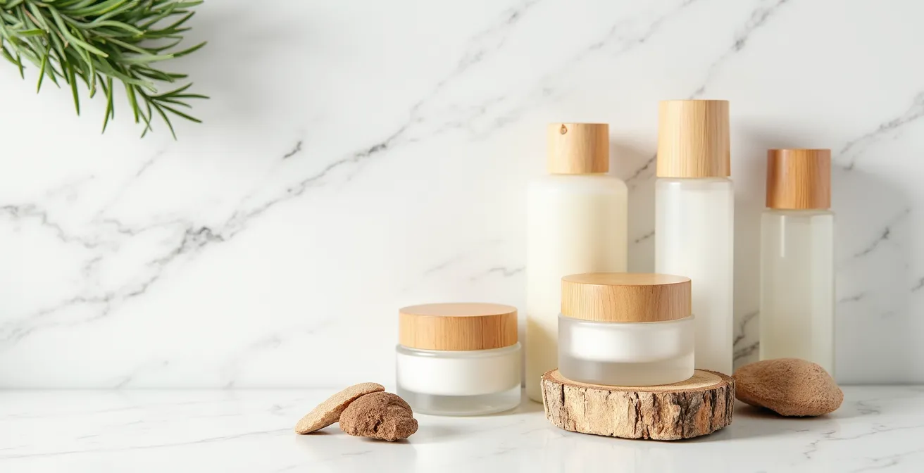 Arrangement épuré de cosmétiques naturels sur surface marbrée blanche