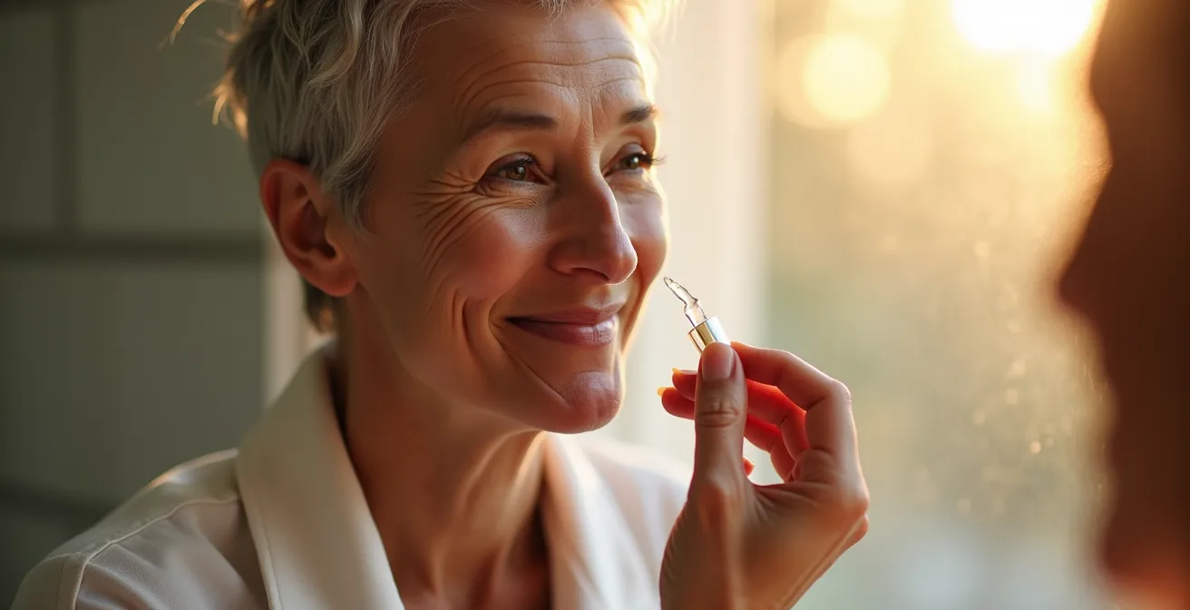 Femme appliquant délicatement un sérum sur sa joue, lumière dorée du matin