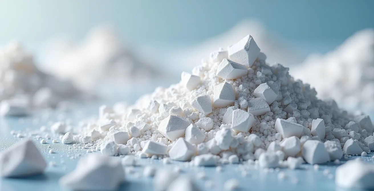 Gros plan extrême sur de la poudre minérale blanche avec reflets nacrés